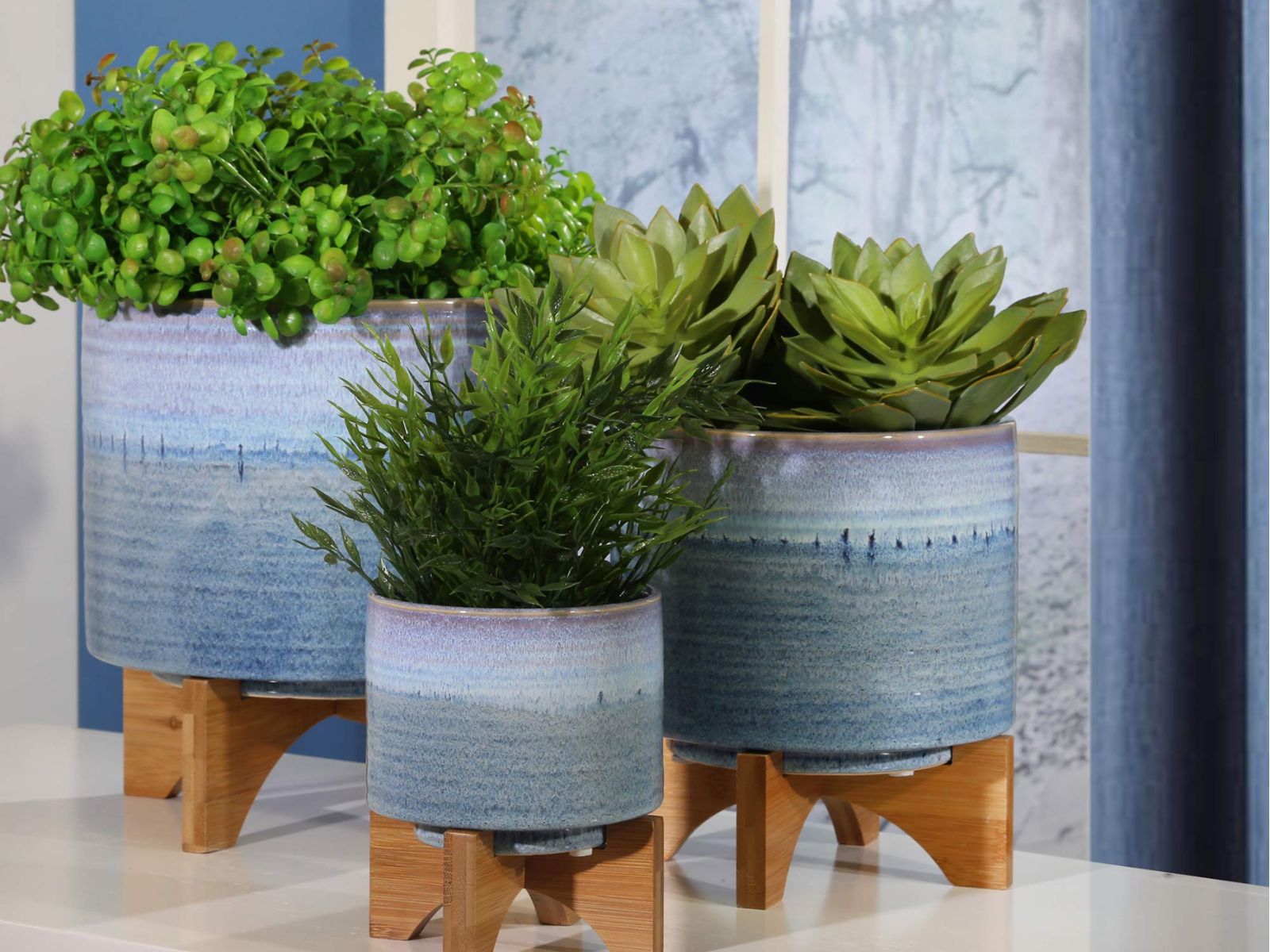 Maceta De Cerámica Con Soporte C/Azul